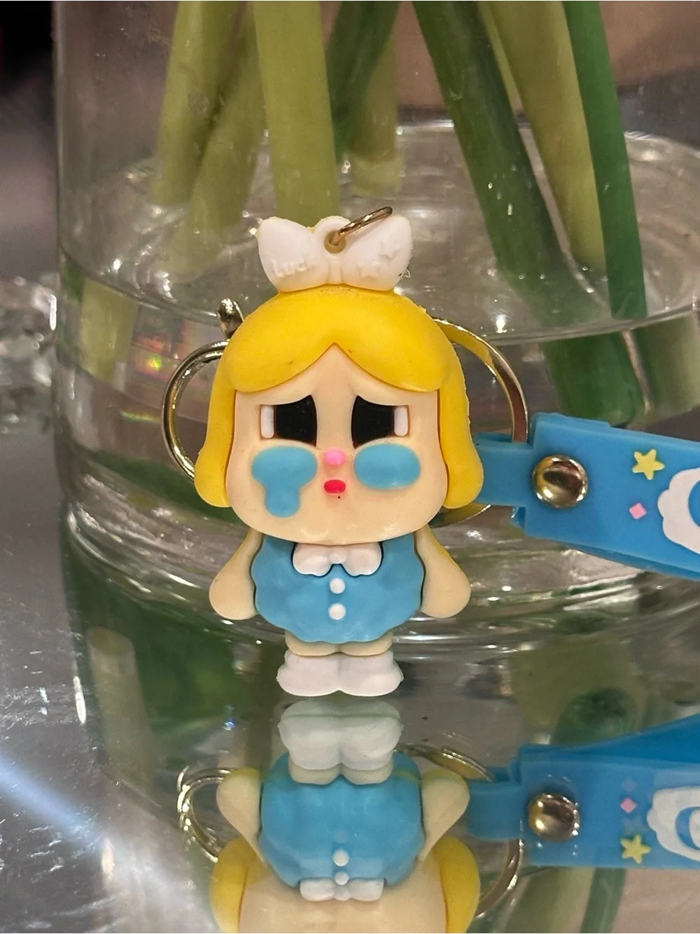 Crybaby Blue Kawaii Crying Girl PVC Keychain Wristlet Bag Charm Gold Tone Y2K
